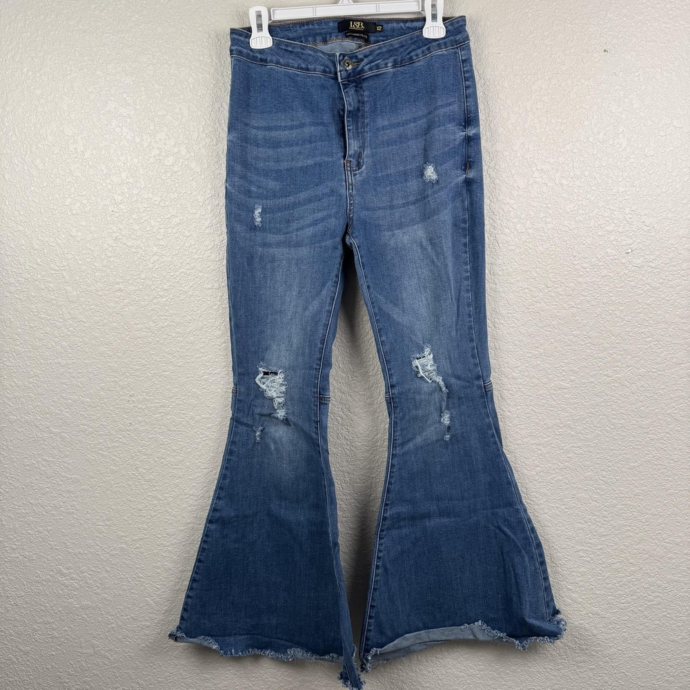 L&B Lucky & Blessed Jeans Womens 12 (28x29) Blue High Rise Flare Distressed